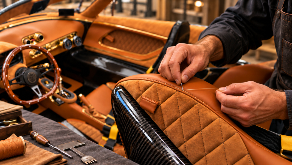 A craftsperson hand-stitching a quilted leather seat in a bespoke Radford interior