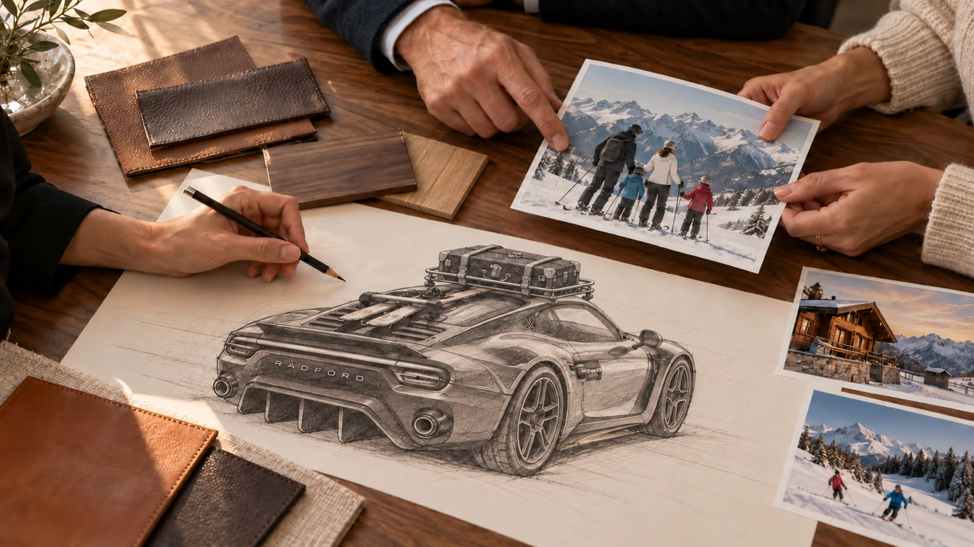 A private design session with a Radford sketch, material samples and an owner’s travel inspiration